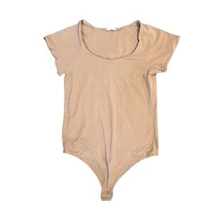 Skin Organic Pima Cotton Short Sleeve Bodice Tan Beige Scoop Neck Small